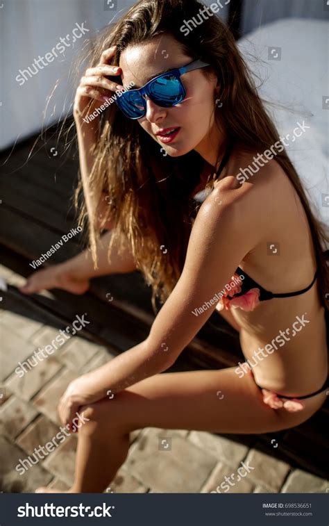 Beautiful Girl Brunette Blue Sunglasses Swimsuit Stock Photo Shutterstock