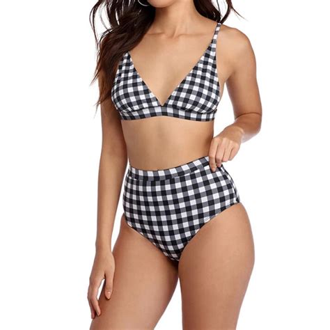 Women Swimwear Sexy High Waist Bikini Set Plaids Push Up Padded Bikini