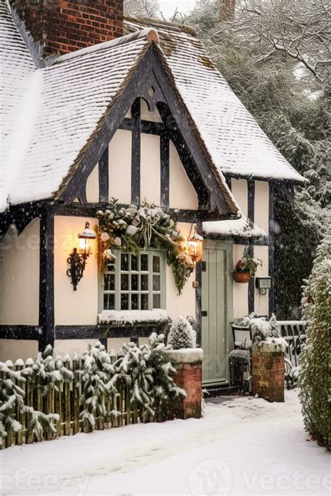 AI generated Beautiful country cottage decorated for Christmas on a snowy winter day, holiday ...