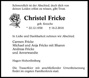 Traueranzeigen Von Christel Fricke Trauer In Nrw De