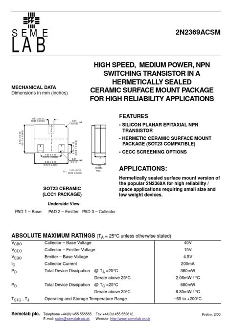 2N2369ACSM Datasheet NPN SWITCHING TRANSISTOR