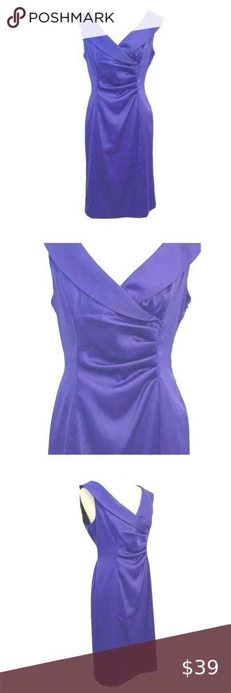 Evan Picone Blue Purple Satin Portrait Collar Ruched Cocktail Dress Sz