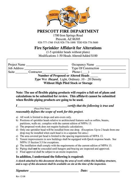 Fillable Online PRESCOTT FIRE DEPARTMENT Fire Sprinkler Affidavit For