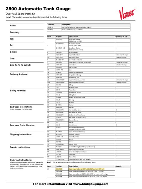 Fillable Online 2500 Automatic Tank Gauge Overhaul Spare Parts Kit