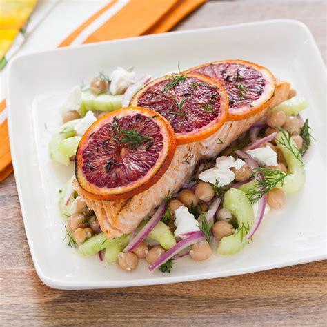 Recipe Blood Orange Roasted Salmon With Chickpea Cucumber Salad