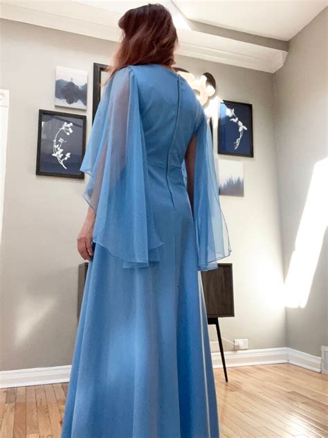 Vintage 70s Sky Blue Sheer Angel Sleeve Maxi Dress L Etsy