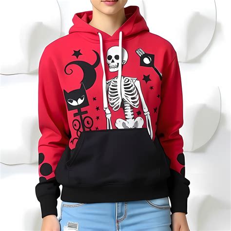 Vibrant Crimson 3D Hoodie with Whimsical Skeleton & Cat Graphic Stars