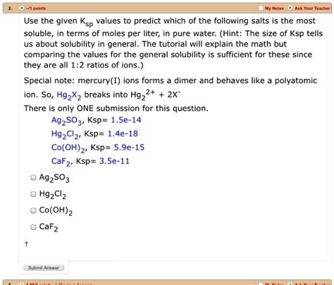 Solved Points Notes Ask Your Teacher Use The Given Ksp Values To