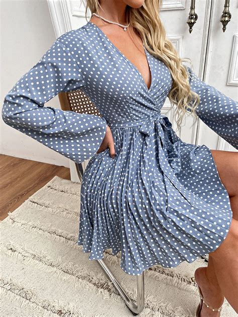 Polka Dot Trumpet Sleeve Pleated Hem Belted Dress SHEIN USA