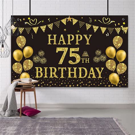 Trgowaul 75th Birthday Backdrop Gold And Black 5 9 X 3 6 Fts Happy Birthday Party