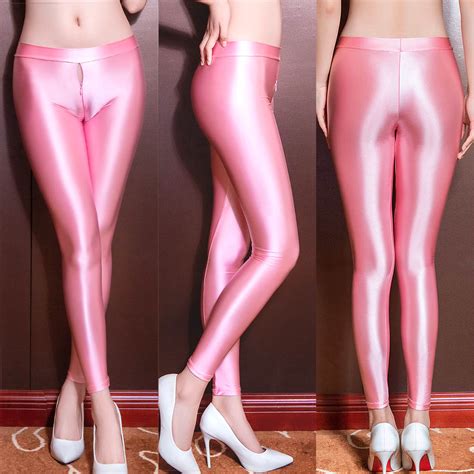 Women S Sexy Shiny Glossy Leggings Skinny Zipper Open Crotch Trousers Long Pants Ebay