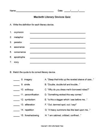 Macbeth Literary Devices Quiz with Answer Key | Made By Teachers