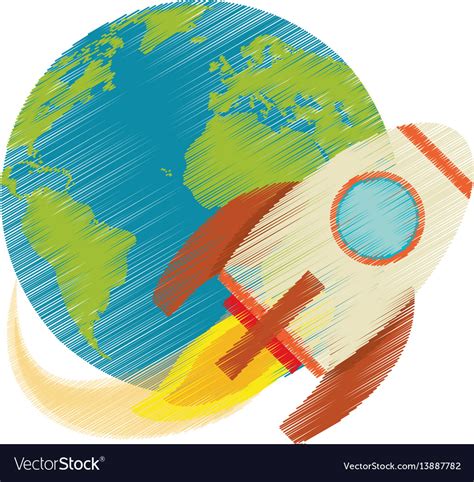 Drawing earth world rocket flying space Royalty Free Vector