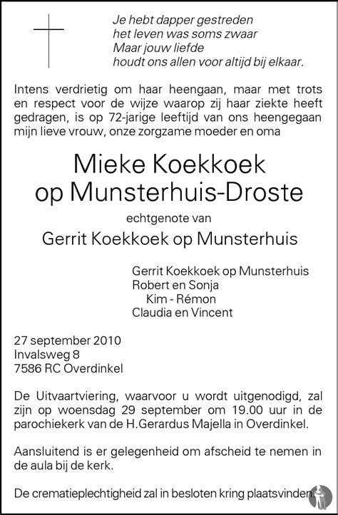 Mieke Koekkoek Op Munsterhuis Droste 27 09 2010 Overlijdensbericht En