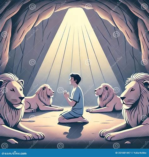 Daniel Kneels In Prayer In Shadowy Cave. Fierce Lions Surround. Divine