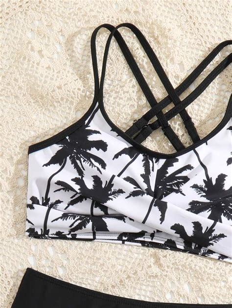 Girls Coconut Tree Print Criss Cross Bikini Swimsuit Shein Usa