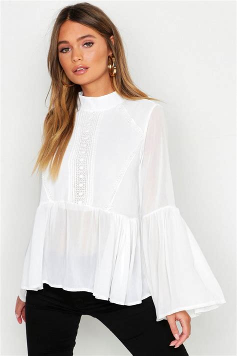 Womens Woven Crochet Detail Pep Hem Blouse Boohoo Uk