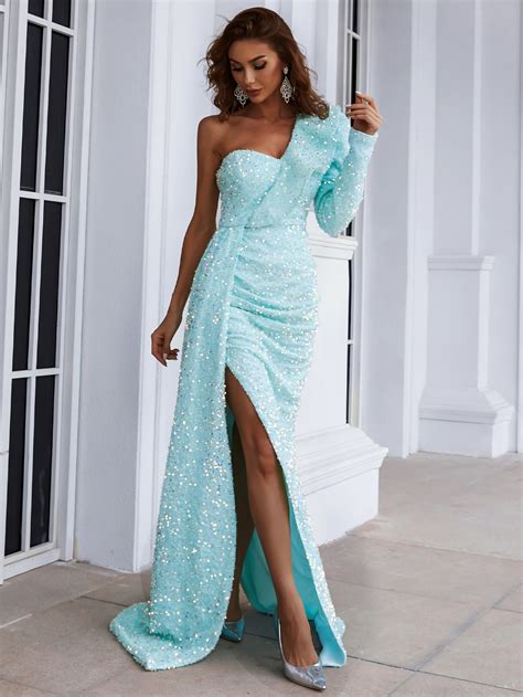 One Shoulder Split Thigh Sequin Prom Dress