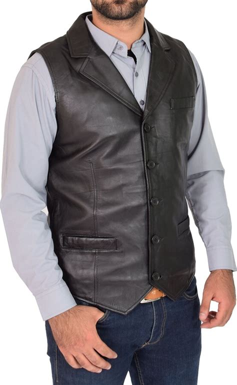 A Fashion Goods Mens Genuine Black Soft Leather Waistcoat Revere