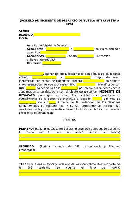 Modelo Desacato MODELO DE INCIDENTE DE DESACATO DE TUTELA