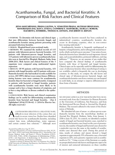 Acanthamoeba Fungal And Bacterial Keratitis A Comparison Of Risk Factors And Clinical