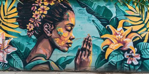 Mural graffiti of young Black woman praying on city wall - street art ...