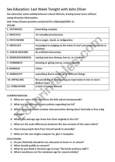 Sex Ed Last Week Tonight With John Oliver Esl Worksheet By Maryzimel