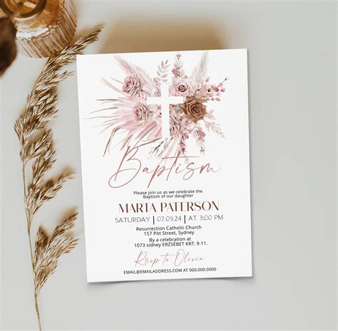 Editable Pampas Grass Baptism Invitation Girl Bohemian Baptism Invite Printable Boho Baptism