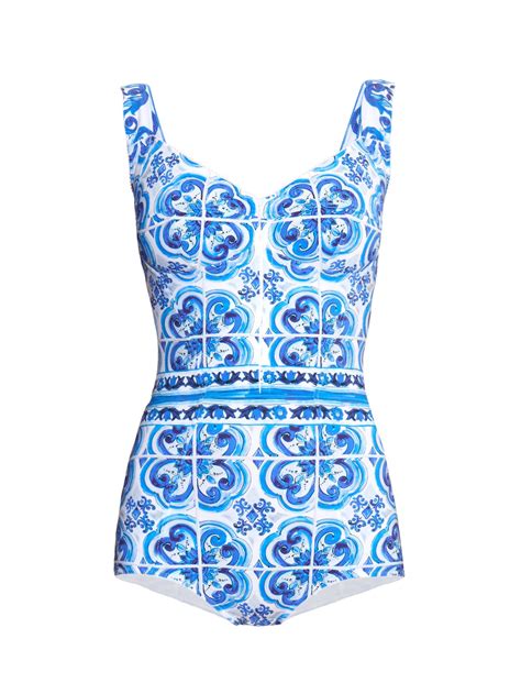 Dolce And Gabbana Majolica Print Swimsuit In Blue Lyst