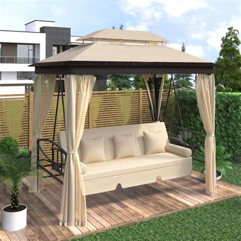 Outdoor Gazebo with Convertible Swing Bench, Double Roof Soft Canopy ...