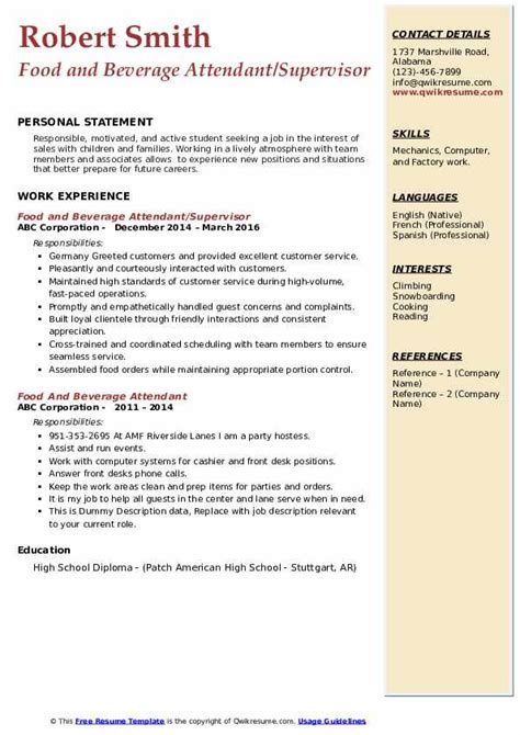 Food And Beverage Attendant Resume Samples Qwikresume