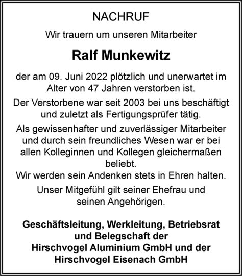 Traueranzeigen Von Ralf Munkewitz Trauer In Thueringen De