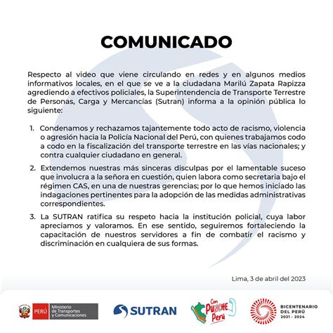 SUTRAN PERÚ on Twitter Comunicado Sutran informa a la opinión