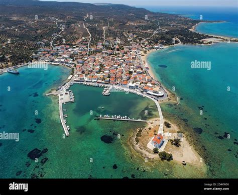 Aerial Panoramic View Of Elafonisos Village And Port Over The Laconian