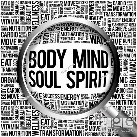 Body Mind Soul Spirit Word Cloud With Magnifying Glass Health Concept