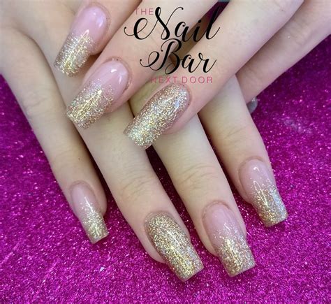 Nude And Gold Glitter Long Square Acrylic Nails Nails Nail Colors