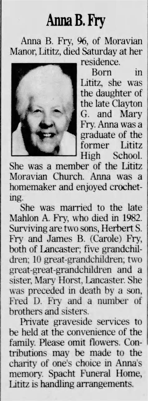 Obituary for Anna B. Fry (Aged 96) - Newspapers.com