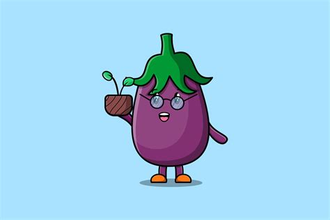 Cute Cartoon Eggplant Holding Plant In A Pot Vector Art At