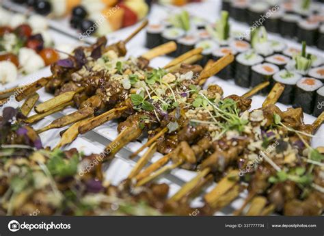 Salmon Satee Skewers Buffet Catering — Stock Photo © Panthermediaseller