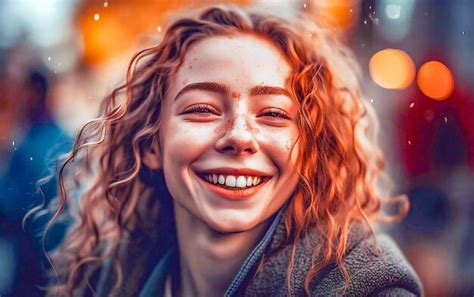 Premium AI Image | A woman with freckles smiles at the camera.