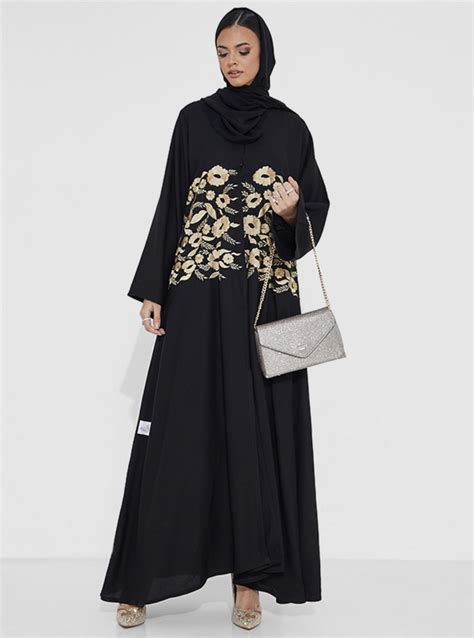 Oe French Abay Black Abaya With Beige Embroidery Abayas From Rosette