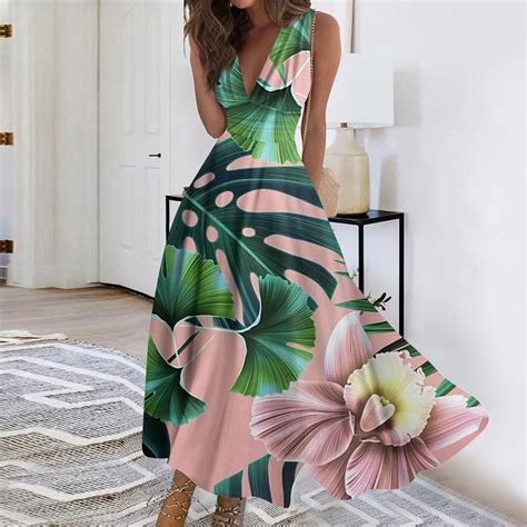 Purjkpu Elegant Dresses For Women Sleeveless Tropical Print Sexy Beach Dress Deep V Neck Plus