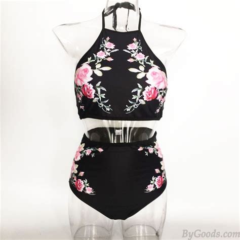 Sexy Black Floral Swimsuit New Rose Flower High Waist Women S Bikini