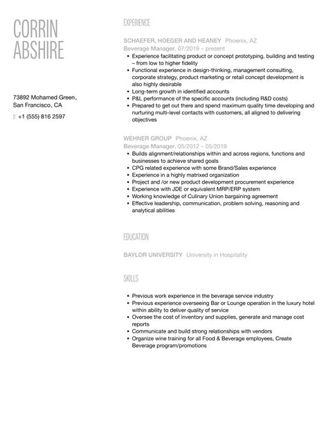 Beverage Manager Resume Samples Velvet Jobs