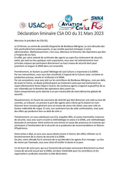 D Claration Liminaire Au Csa Do Unsa Aviation Civile