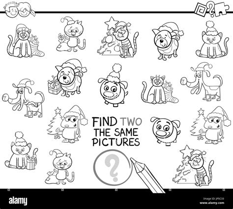 Black and White Cartoon Illustration of Finding Two Identical Pictures ...