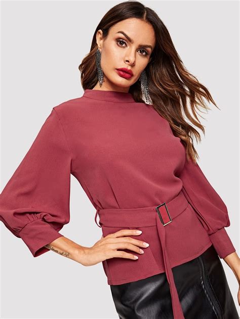 Bishop Sleeve Mock Neck Buckle Belted Top Select And You