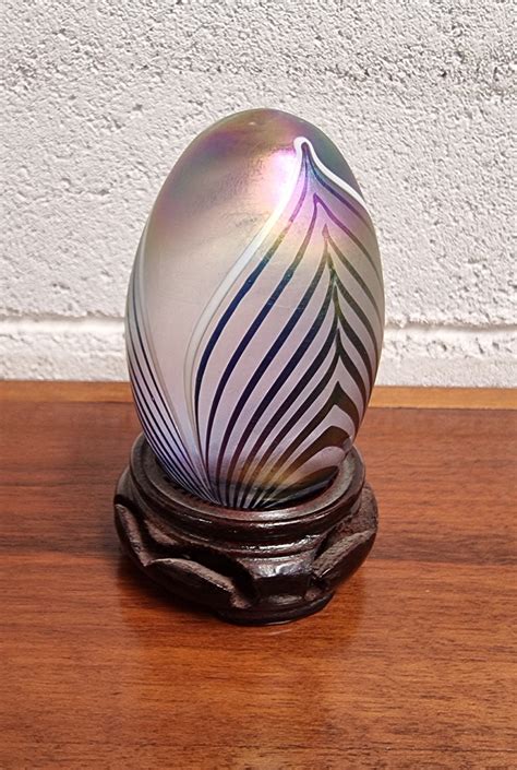 Iridescent Glass Egg Shaped Paper Weight On Stand Moonee Ponds Antiques