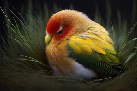 Premium Photo Red And Yellow Lovebird With Fluffy Feathers Sleeping