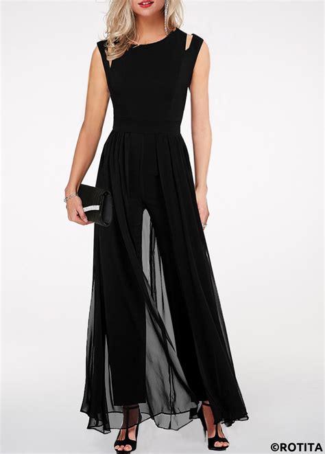 Rotita High Waist Round Neck Chiffon Overlay Black Jumpsuit Rotita